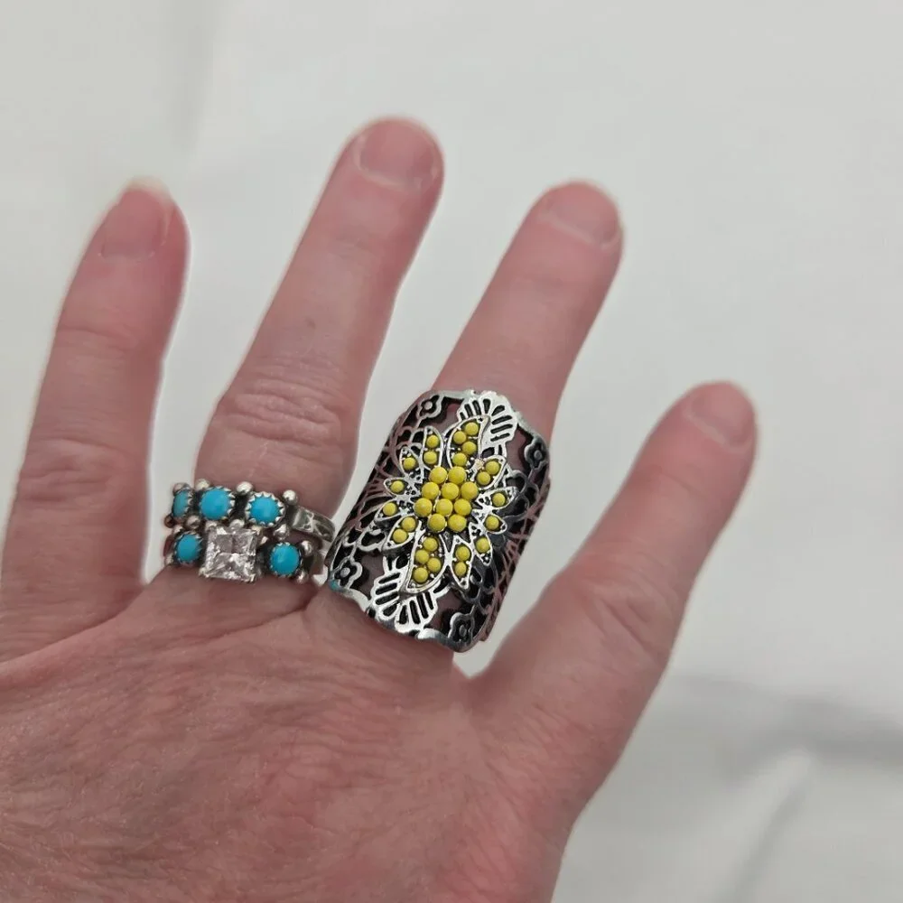 Set of 2 Vintage Silver-Tone Statement Rings - Boho Filigree & Floral